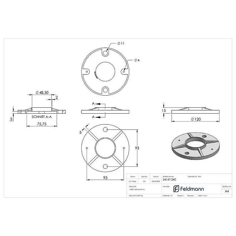 Anchor plate, Ø 120x8mm, raw, AISI304