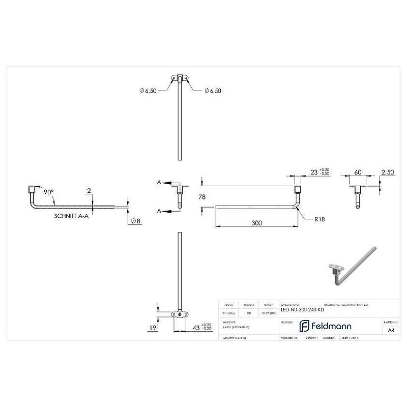 LED connection plate with pin 300mm, AISI304