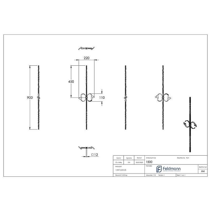 Zierstab 12x12mm, gerillt, Barock, H: 900mm