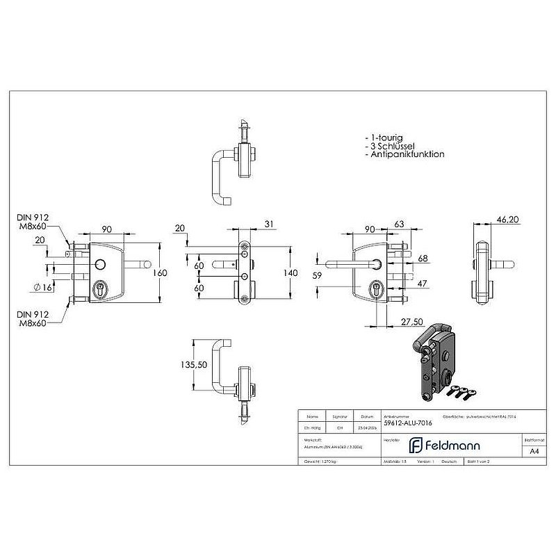 Industrial panic lock LPKQU2 for profile tubes 40–60 mm, colour: RAL 7016