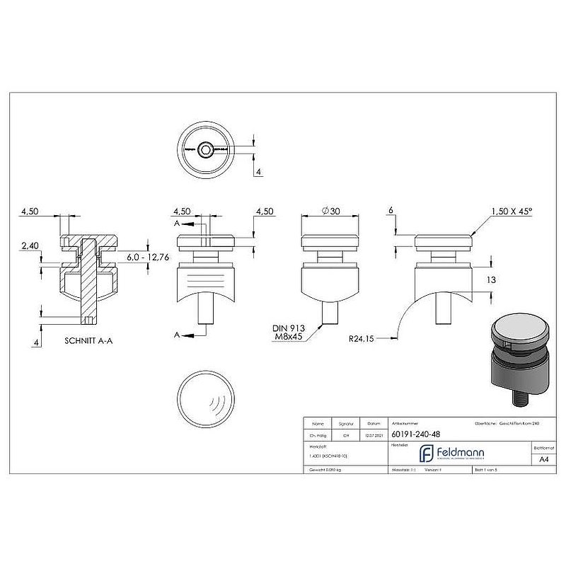 Glass point holder 30mm, connection: 48.3mm, AISI304