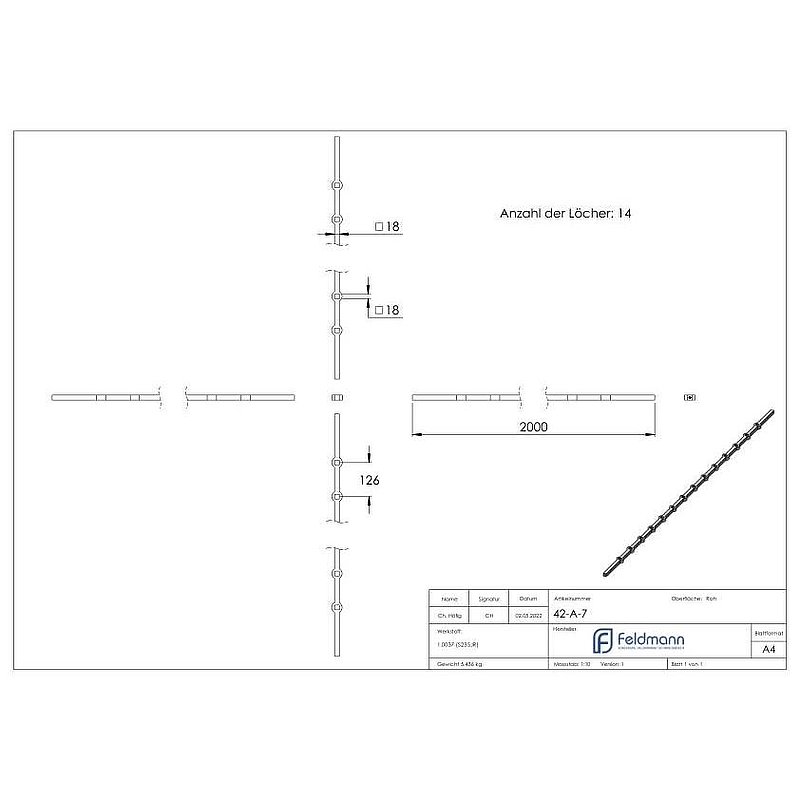 Lochleiste S235JR, 18x18mm, Lochabstand 126mm, 2000mm