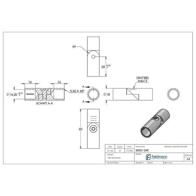 Round bar connector with joint Ø 14mm, AISI304