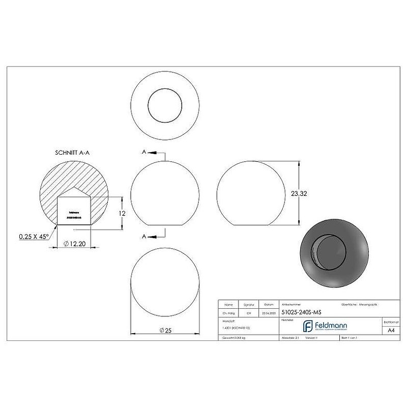 Boule laiton pleine Ø 25mm avec trou borgne Ø 12,2mm