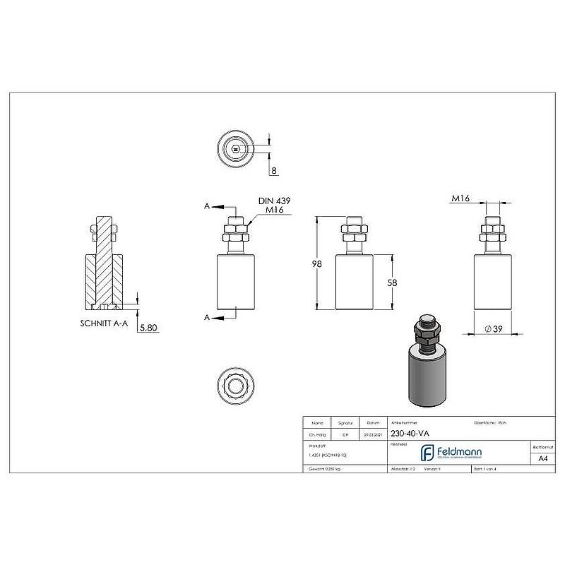 Galet de guidage Ø 40 x 60mm, filetage M16, V2A