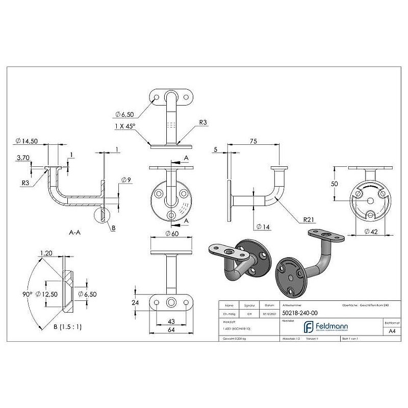 Handrail holder with cable gland for LED handrails, AISI304