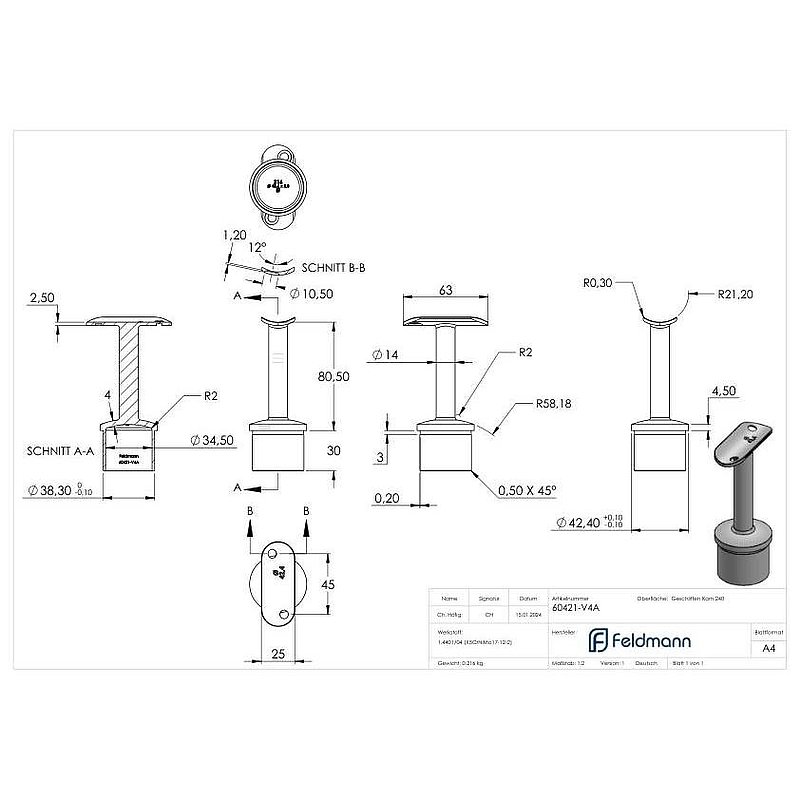 Tube end plug for tube 42.4x2.0mm, handrail connection plate: 42.4mm, AISI316