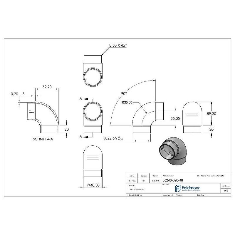 Rohrbogen 90° eng, für Rohr 48,3x2,0mm, V2A