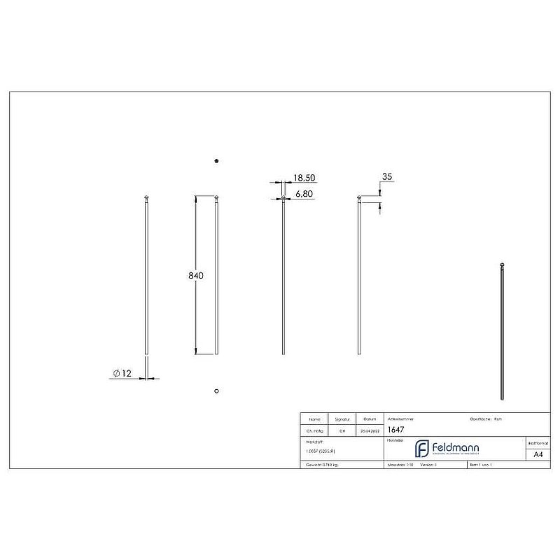 Zaunstab Ø 12mm, H: 840mm, konisch mit Knopf halbrund
