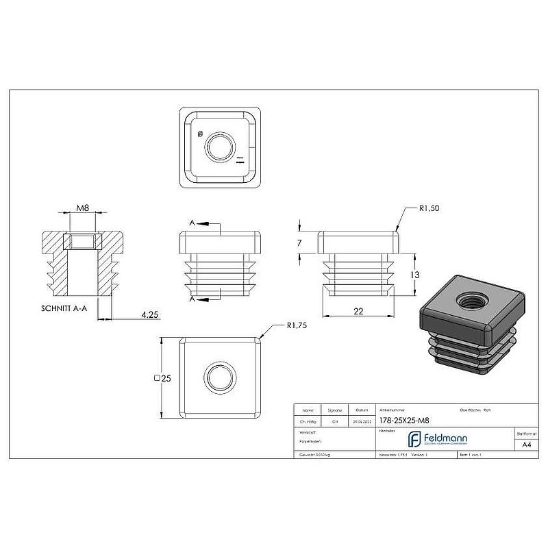 Bouchon plastique pour tube carré 25x25mm