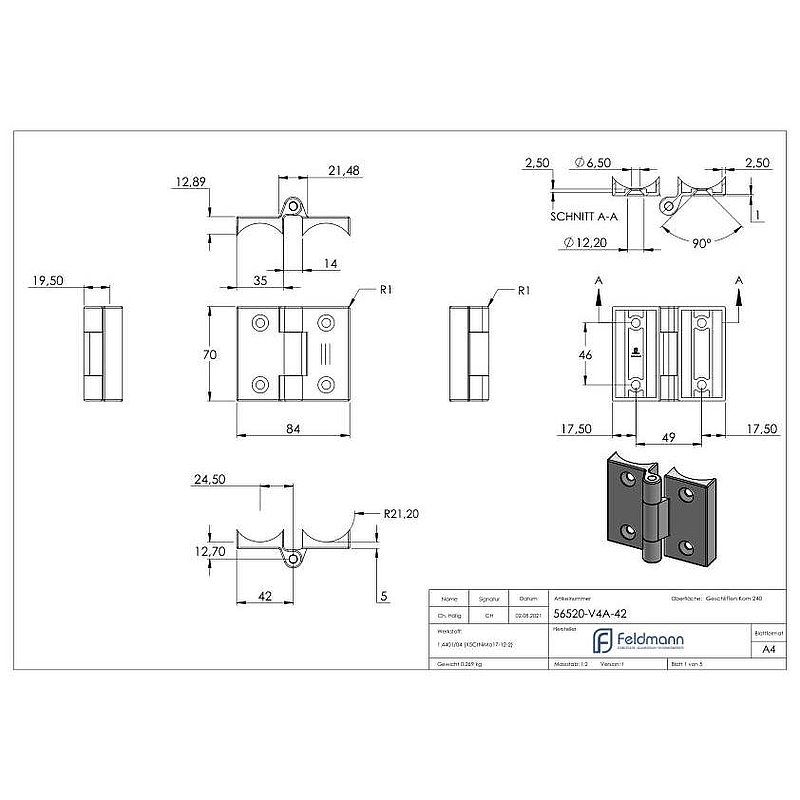 Charnière adaptée aux verrous de porte pour tube Ø 42,4mm, V4A