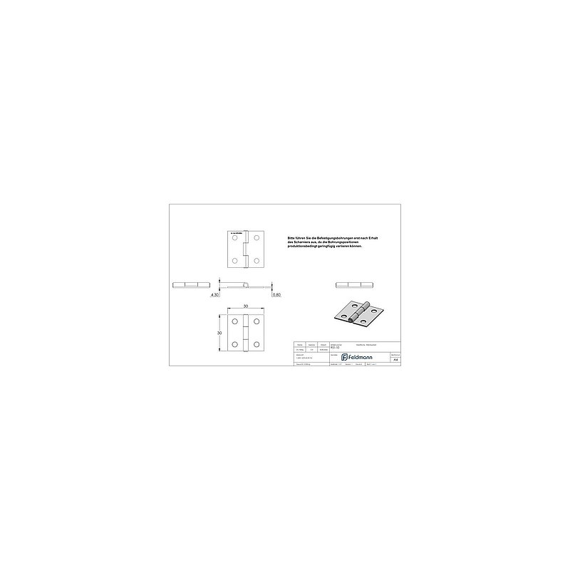 Edelstahl-Scharnier 30x30mm mit festem Zapfen