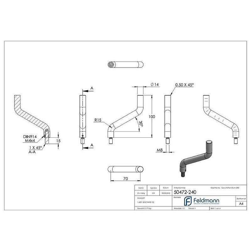Bracket Ø 14mm, 2x 30° bent, AISI304