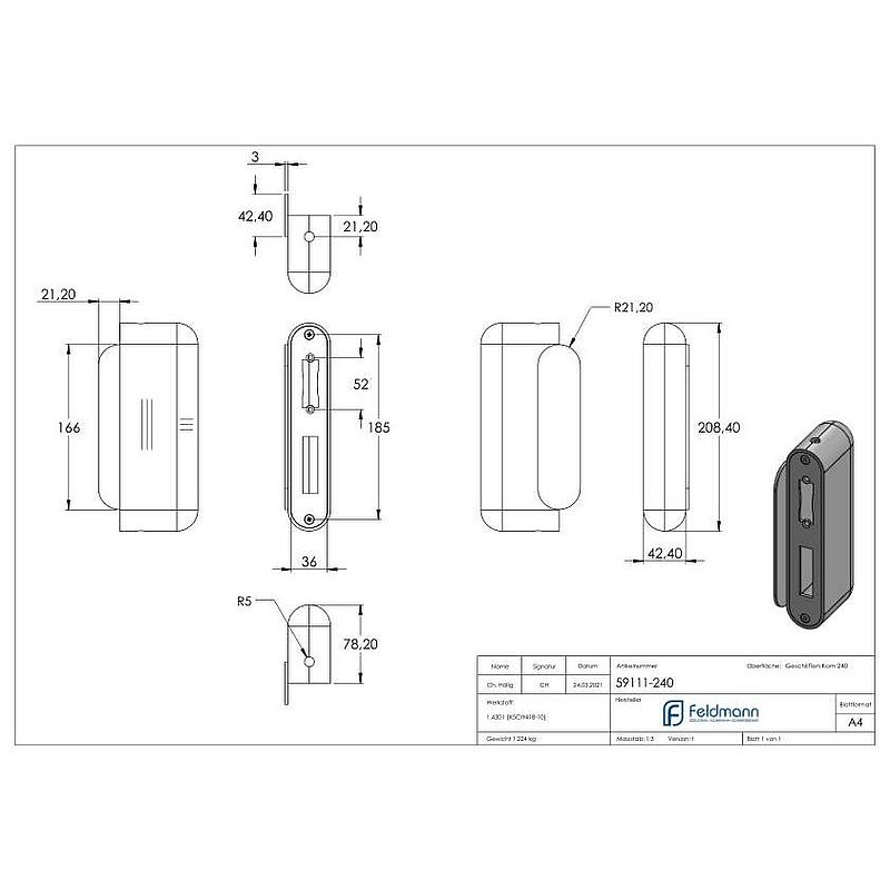 Stainless steel counter case rounded for 72mm spacing, for lock # 59103-240,78.2x42.4x208.4mm, AISI3