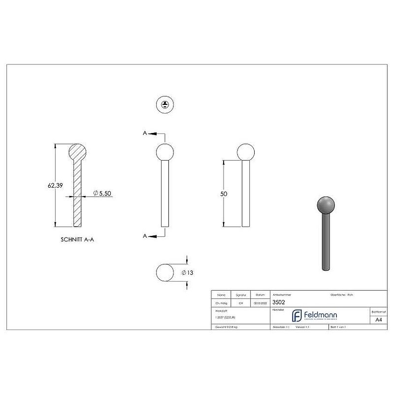 Embout à tête sphérique, sphère 13mm