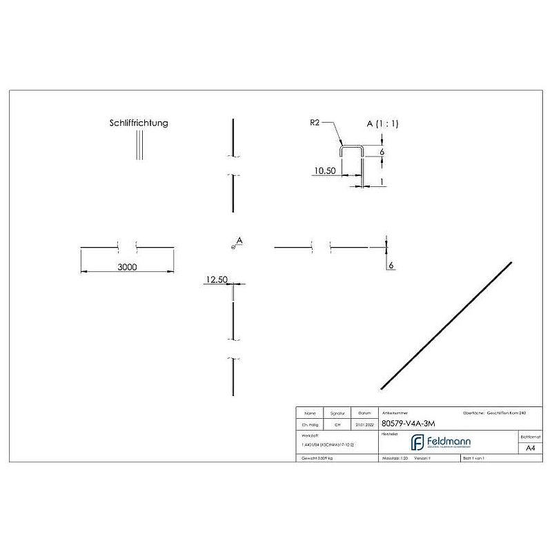Edge protection EXTRA SLIM, for glass 8.00 - 9.52mm, L: 3000mm, stainless steel AISI316