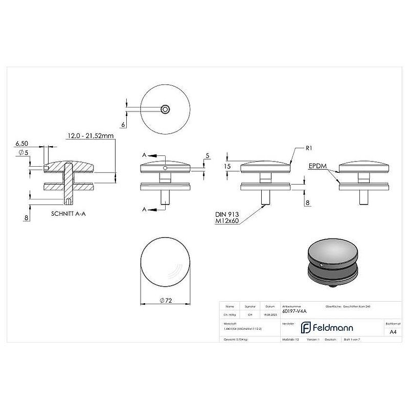 Point de fixation 72mm, jonction plate, V4A