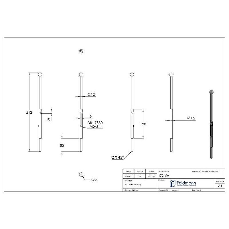 Weld-in gate latch, L: 512mm, AISI304