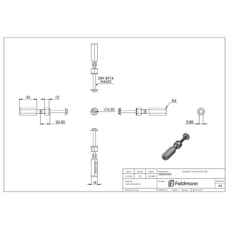 Gewindeterminal zur Selbstmontage, Seil 4mm, V2A