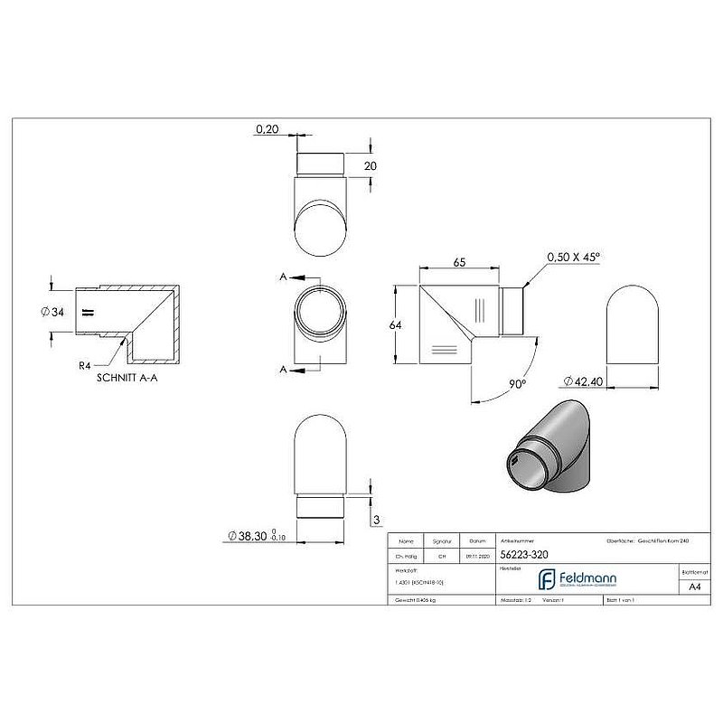 Endbogen 90°, für Rohr 42,4x2,0mm, V2A