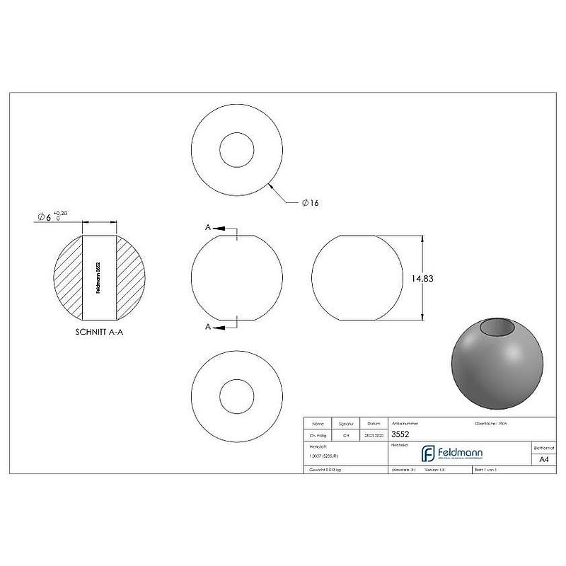 Massivkugel 16mm, mit Durchgangsbohrung 6,0mm