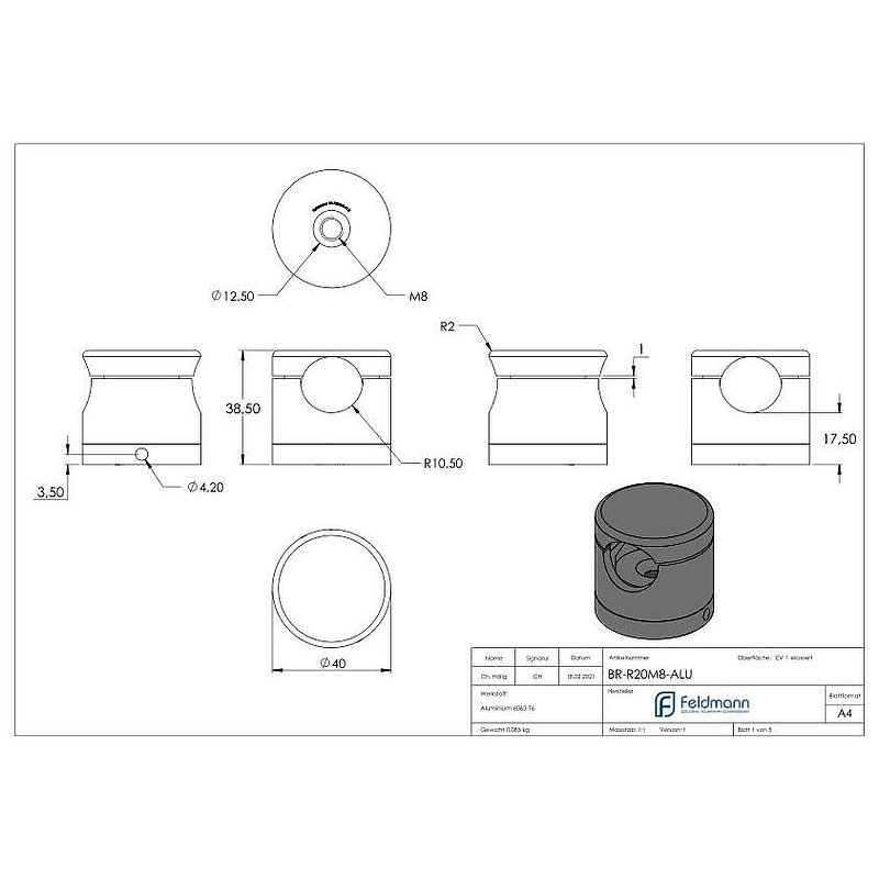 Brenk, support de base pour barreaux Ø 20mm, ALU