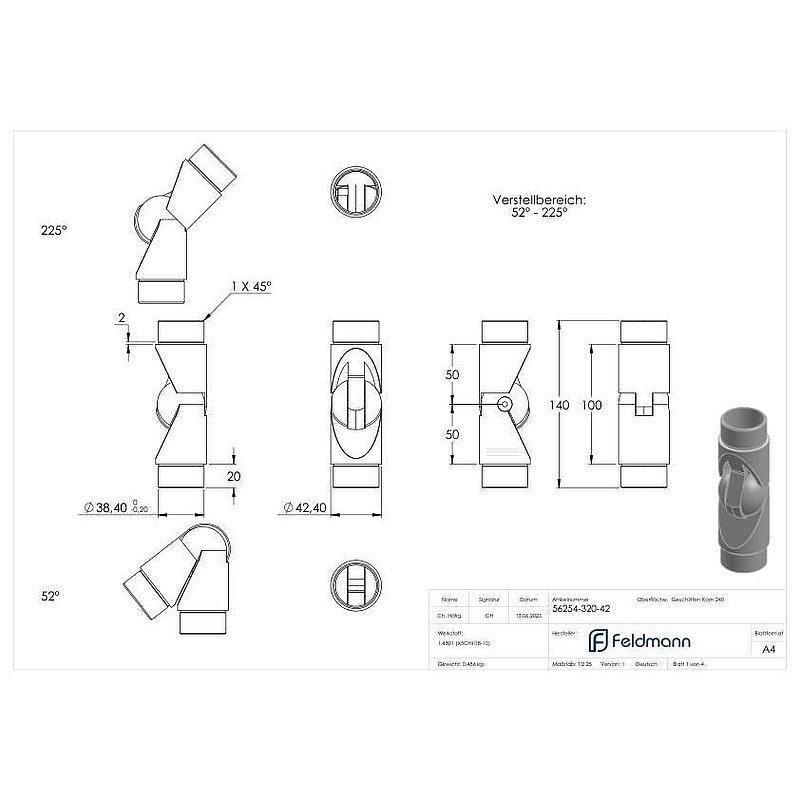 Joint piece, for tube 42,4 x 2,0mm, AISI304