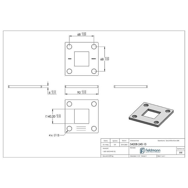 Anchor plate, 92x92x6mm, with longitudinal grinding, AISI304