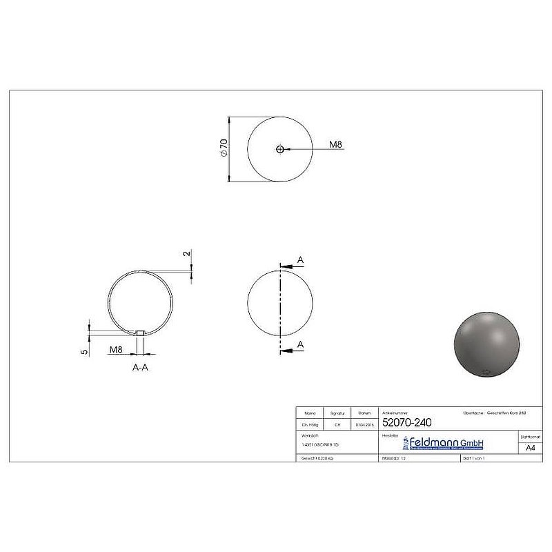Hollow ball Ø 70mm with M8 thread, AISI304