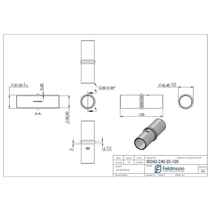 Verbindungsstück für Rohr 42,4x2,5mm, V2A