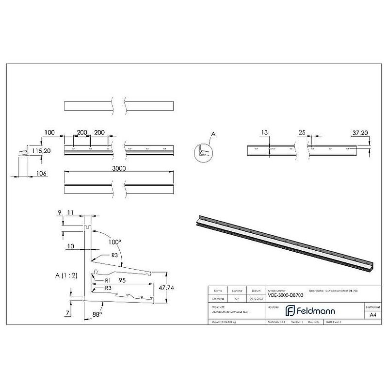 Vordachprofil eleganza canopy, L: 3000mm, DB703