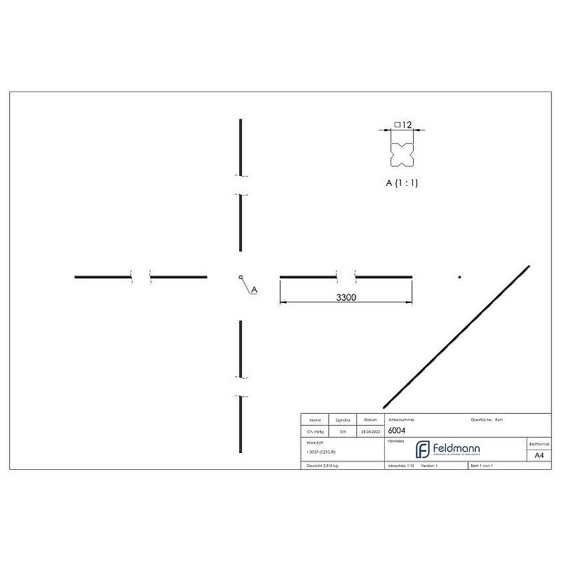 Vierkant S235JR, 12x12mm, L: 3300mm