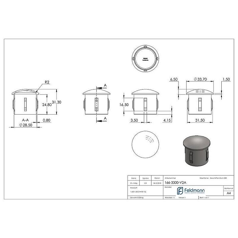 Rohrabschlussstopfen, für Rohr 33,7x2,0 - 2,5mm, V2A