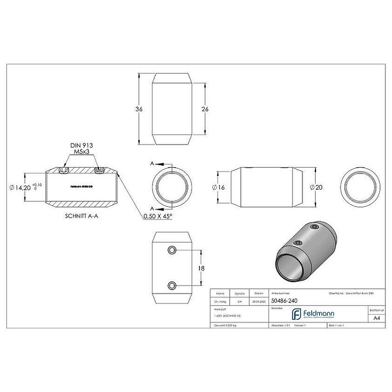 Bar connector for 14mm round, L: 36mm, Ø 20mm, AISI304