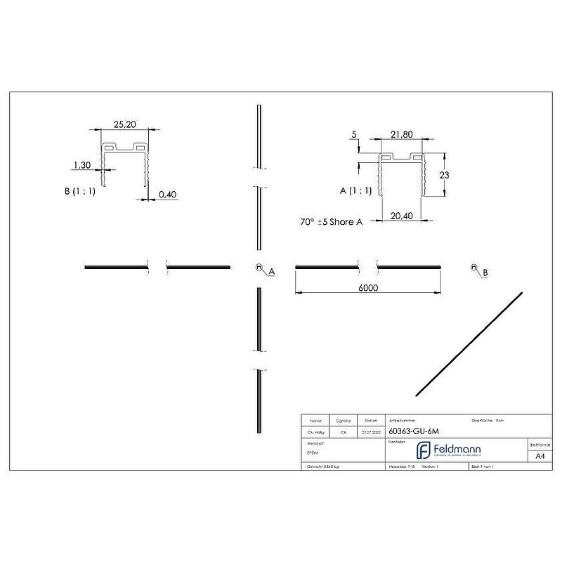 Cale caoutchouc pour verre 20,76 – 21,52mm, pour rainure 24x24mm, 6000mm