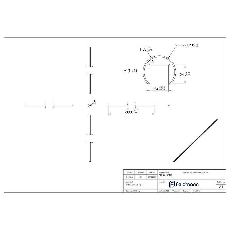 Grooved tube 42.4x1.5 mm, L: 3000 mm, AISI304