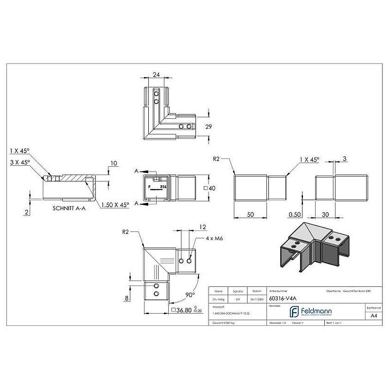Corner bend, horizontal, for 40x40mm grooved tube, AISI316