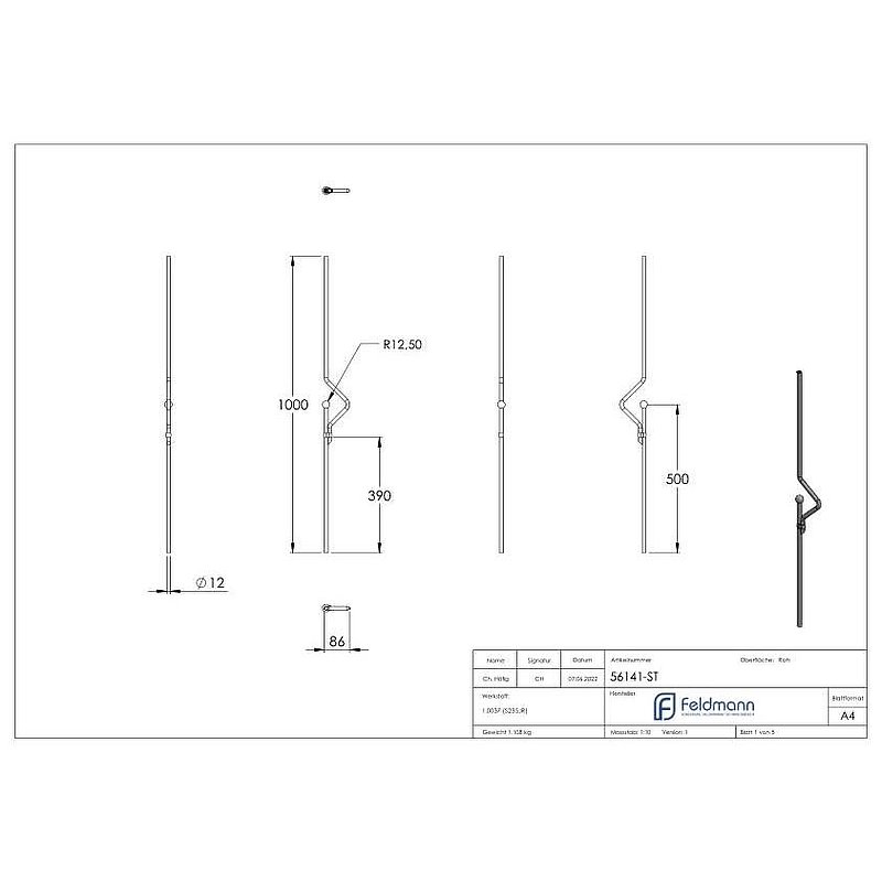Barre design Ø12mm, lisse, H : 1000mm, S235