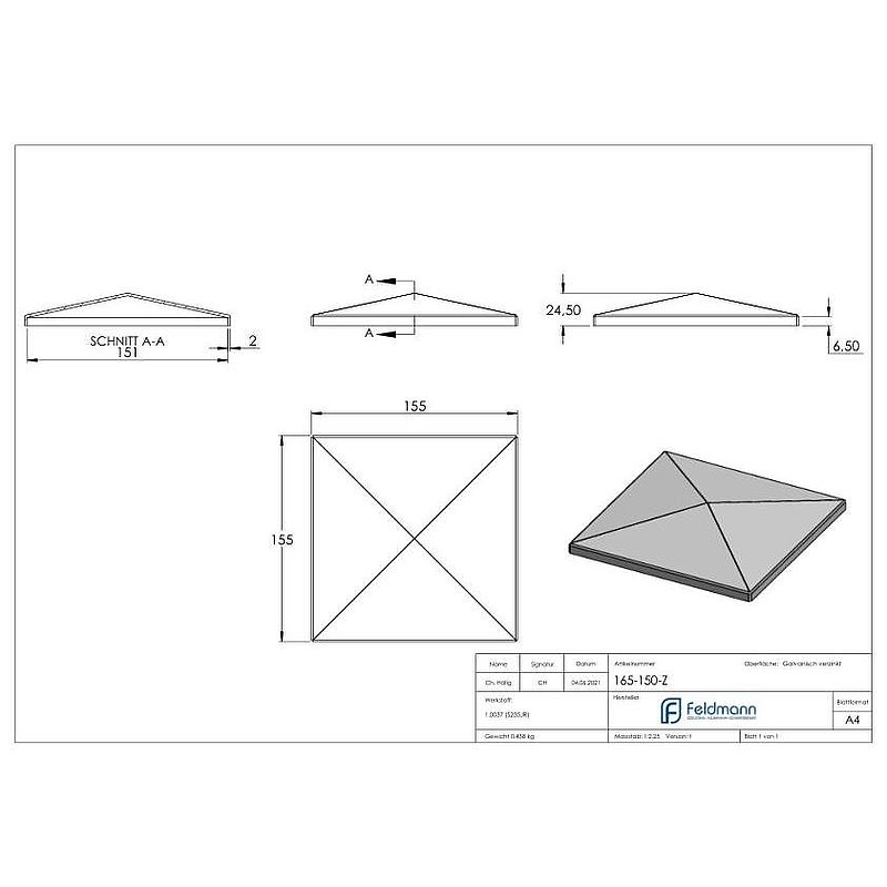 Pillar cover for tube 150x150mm, galvanised