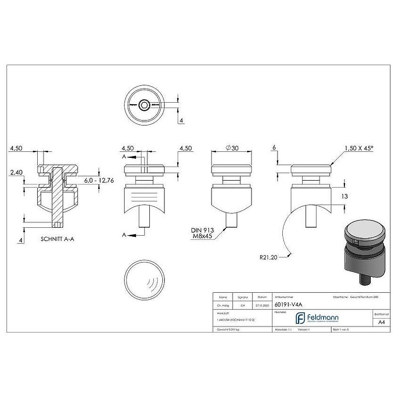 Glaspunkthalter 30mm, Anschluss: 42,4mm, V4A