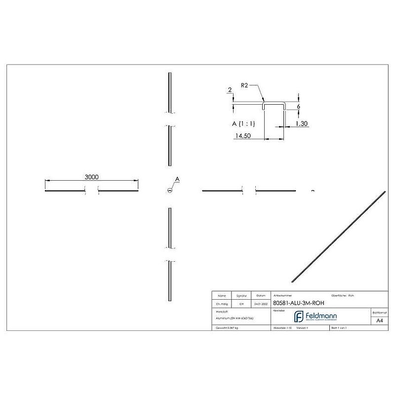 Kantenschutz EXTRA SLIM, für Glas 12,00 - 13,52mm, L: 3000mm, Aluminium roh