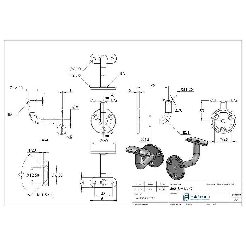 Handlaufhalter mit Kabeldurchführung für LED Handläufe, V4A