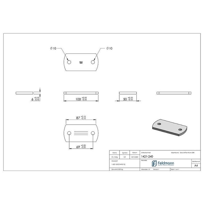 Anchor plate, 100x50x6mm, with longitudinal grinding, AISI304