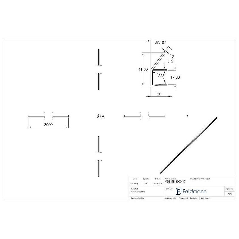 Gouttière pour auvent en verre de 17,52mm, L: 3000mm, E4/EV1