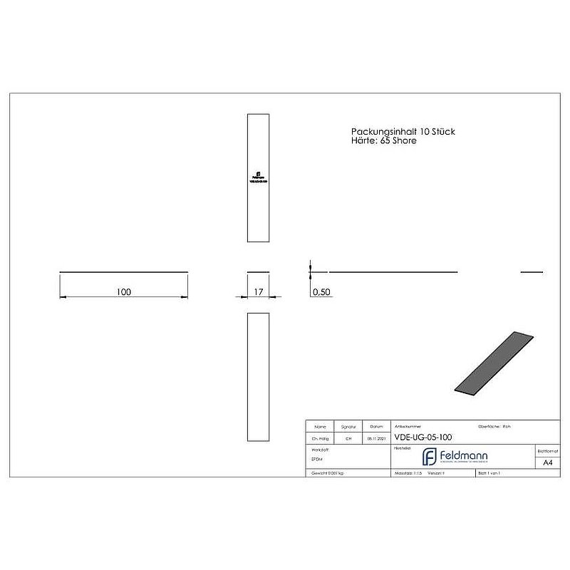 Plaque de caoutchouc 100x17x0,5mm pour eleganza canopy, lot de 10 pièces