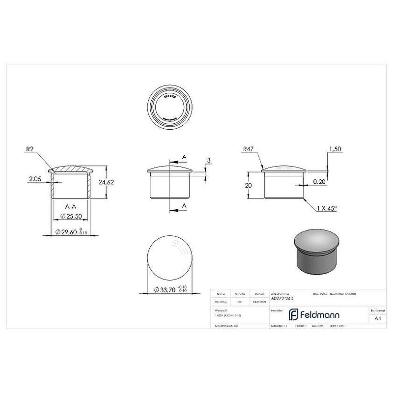 Rohrabschlussstopfen, für Rohr 33,7x2,0mm, V2A