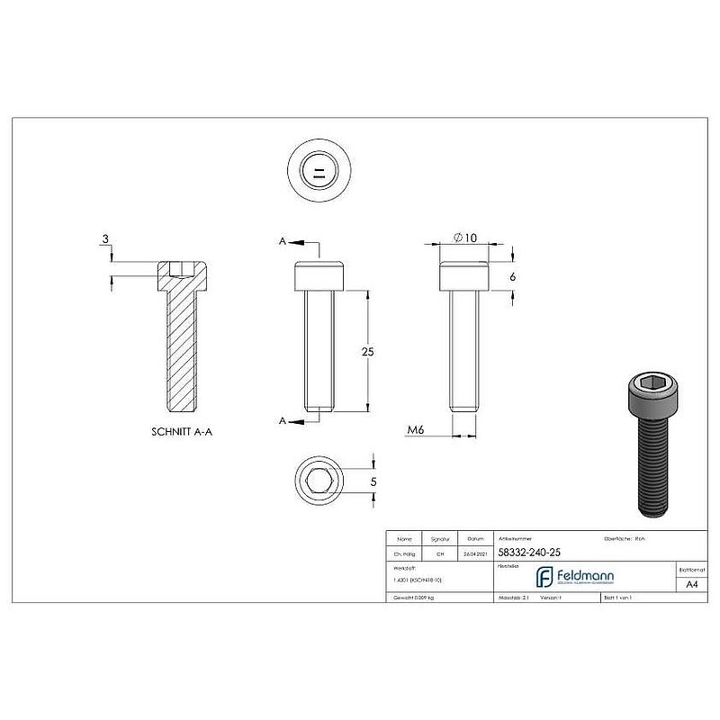 Cylinder head screw M6x25, AISI304, DIN 912