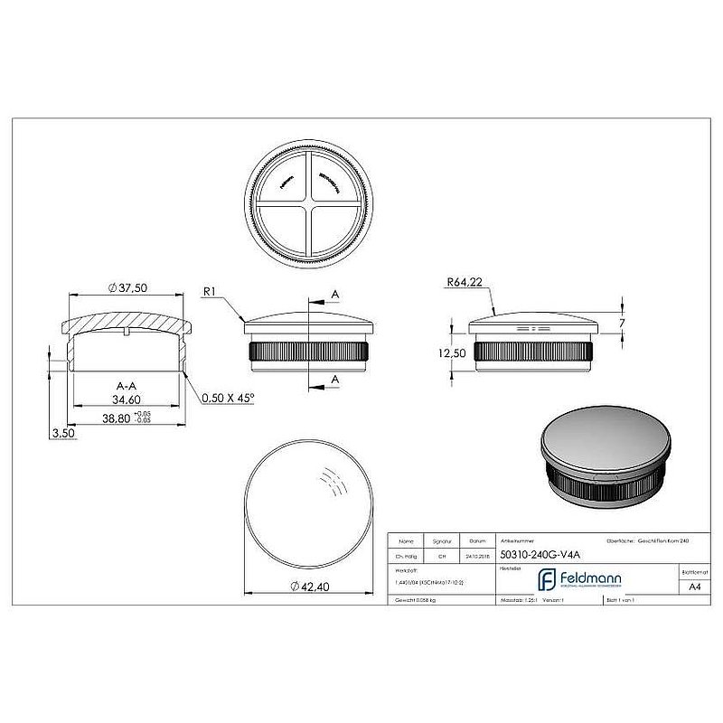 Bouchon pour extrémité de tube, pour tube 42,4x2,0mm, V4A