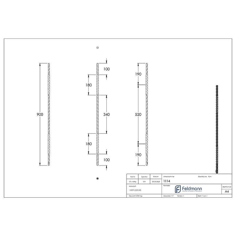 Zwischenstab 12x12mm, gehämmert, H: 900mm