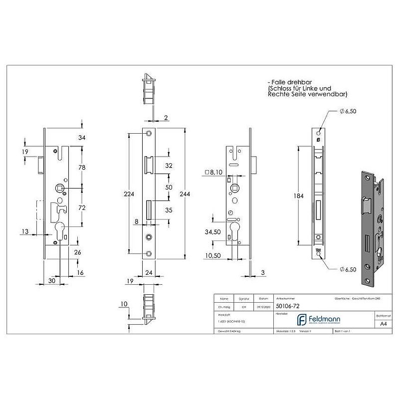 Galvanised tubular frame lock, spacing 72 mm galvanised, backset 30 mm